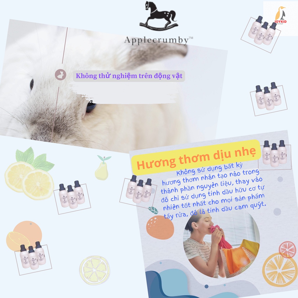 Nước xả vải Applecrumby Fabric Softener hữu cơ cho bé hương táo/hương cam quýt 500 ml