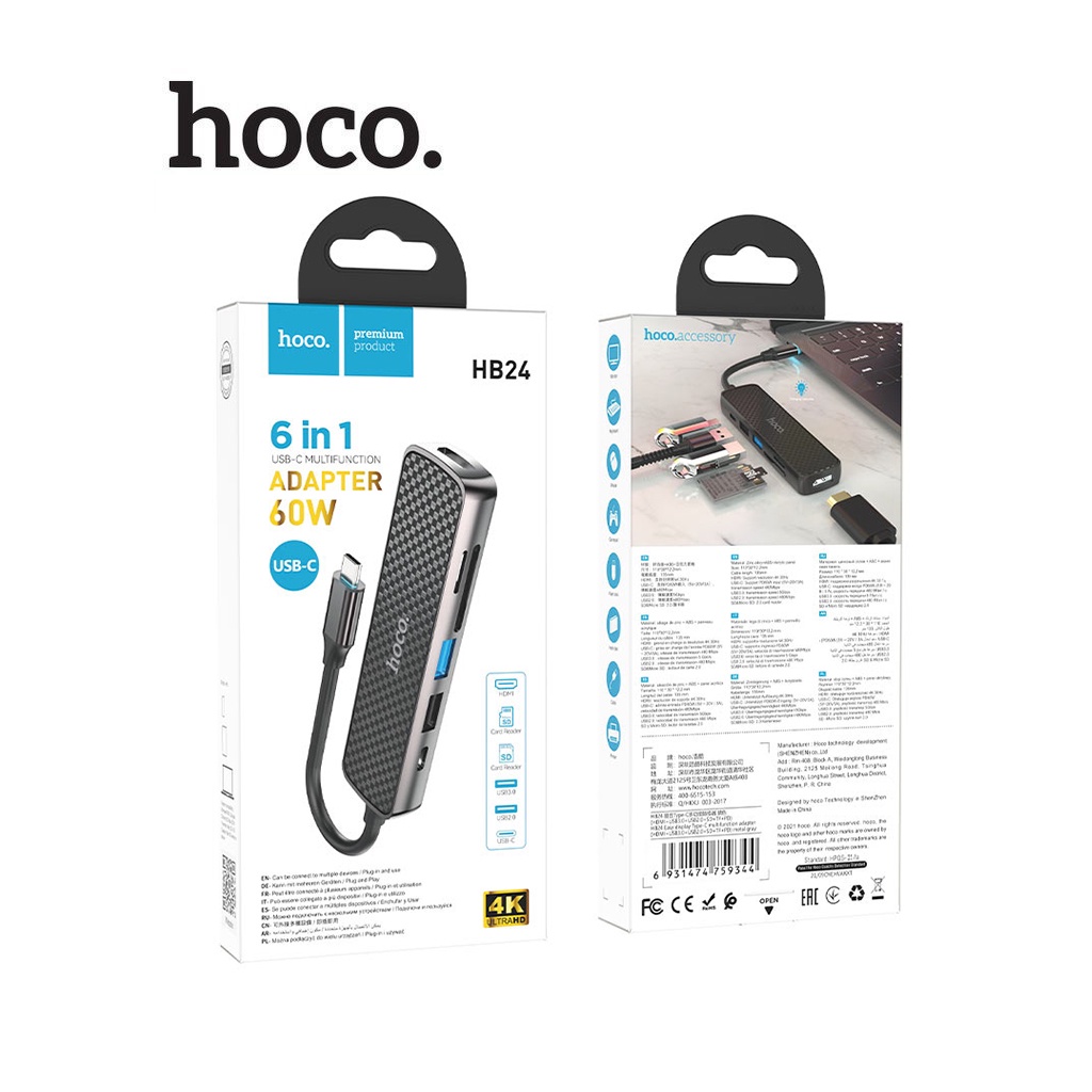 Hub đa năng Hoco HB24 60W 6in1 Type-C sang 1xUSB 3.0/2/0 + 4K/HD +PD Type-C + SD Micro tích hợp đèn Led