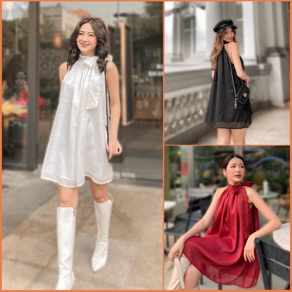 Váy kiểu nữ cổ yếm dáng xòe [Linly Store] Váy hở vai suông phối dây cổ bản to V-VYS