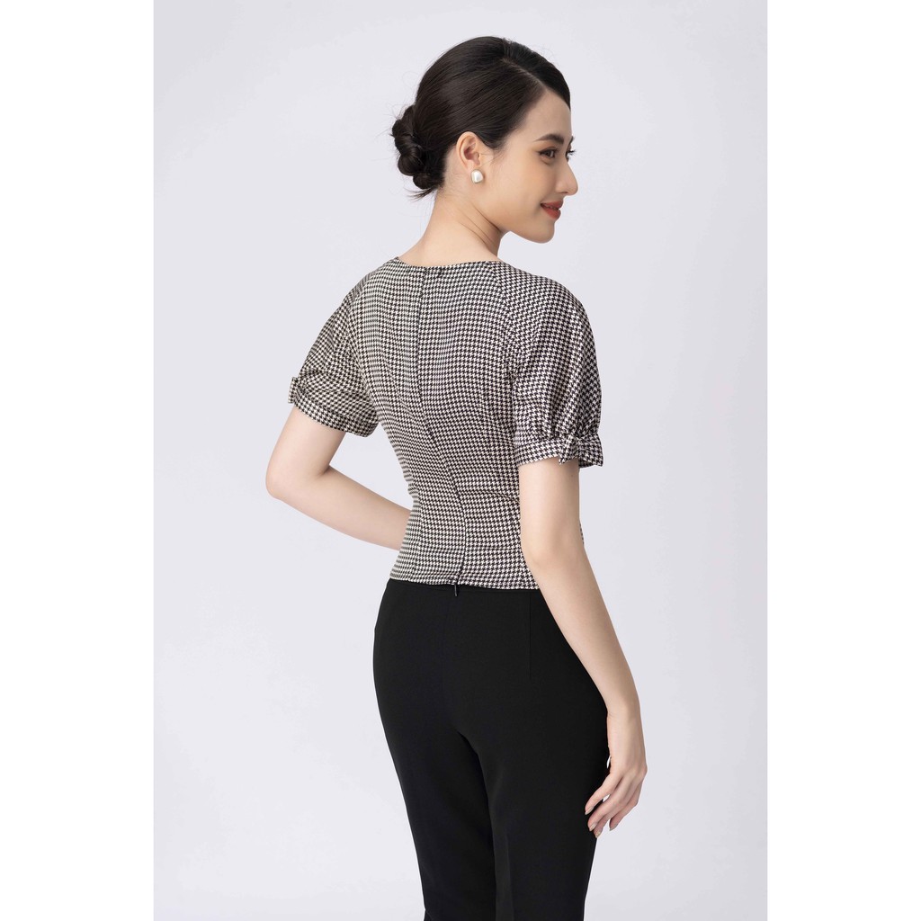 Áo sơ mi Croptop lụa kẻ răng sói nhỏ, tay đính nơ nhỏ ToSon-13071K11