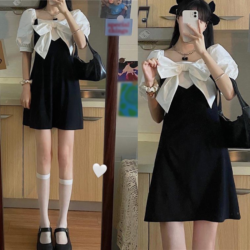 Đầm Tay Ngắn Phồng Cổ Vuông Dáng Chữ A Màu Sắc Tương Phản Phong Cách Preppy Cổ Điển Thời Trang Cho Nữ