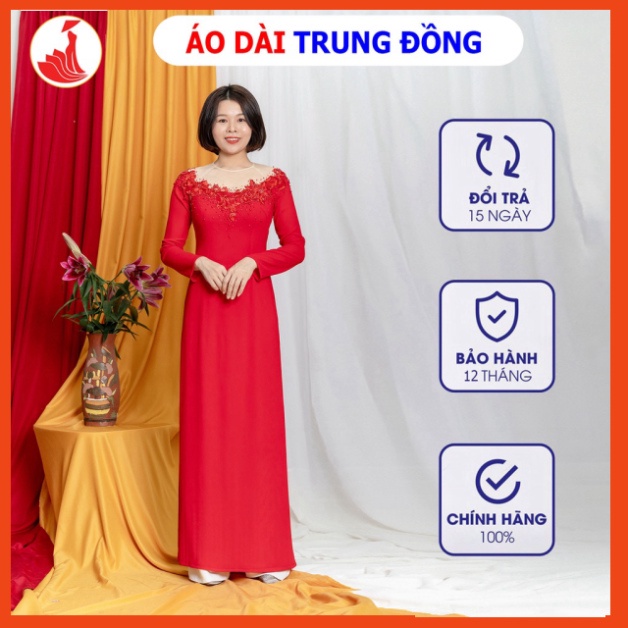 Áo dài màu đỏ đẹp cổ nối lưới kết hoa ren, tay dài | Áo dài trung đồng