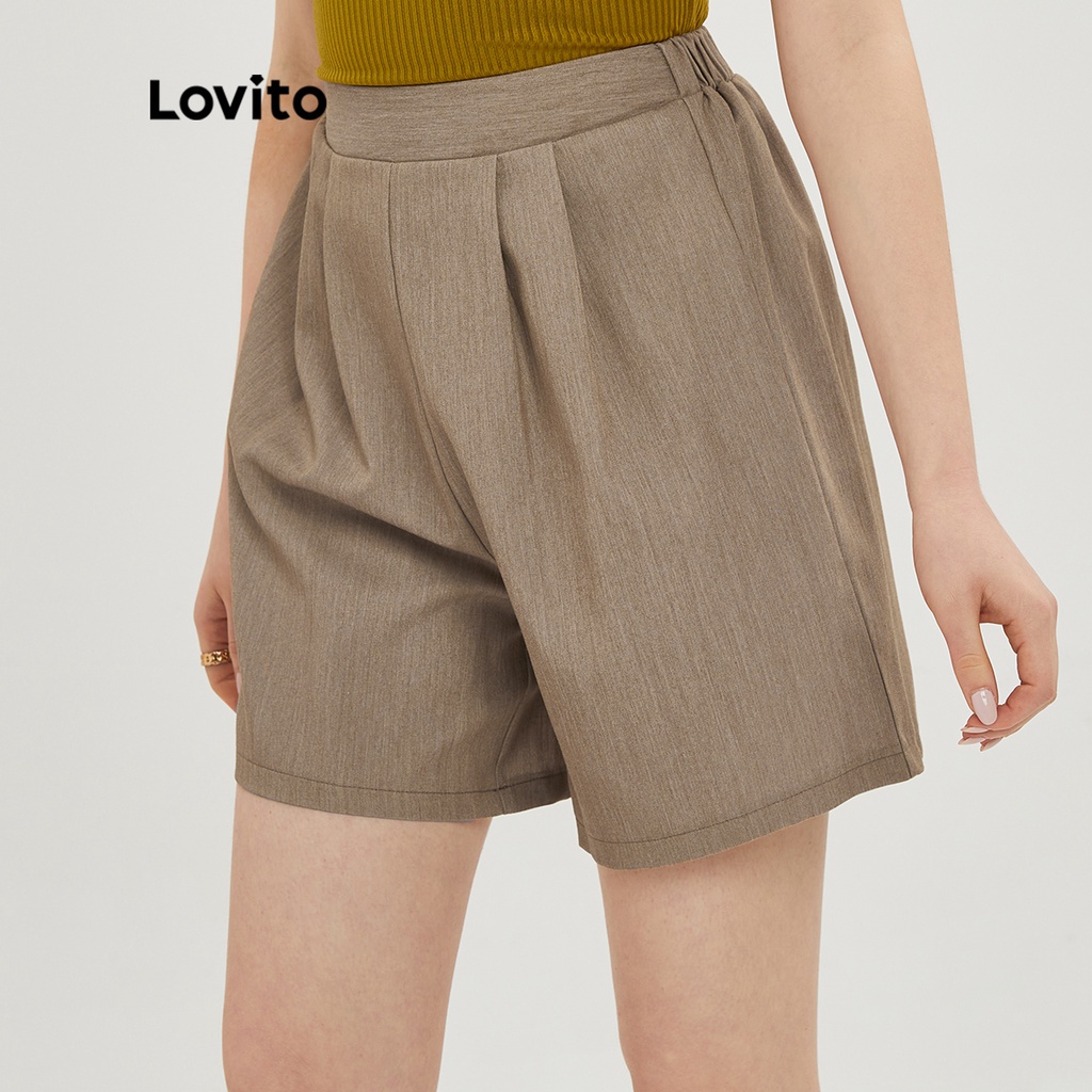 Lovito Quần short lưng thun trơn xếp ly cổ điển L20D258 (Kaki)