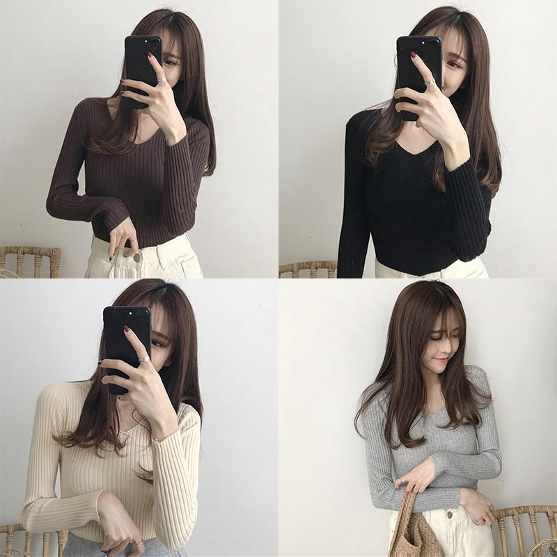 Áo dệt kim nữ tay dài cổ chữ V dáng ôm sành điệu | BigBuy360 - bigbuy360.vn