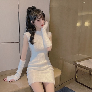 Váy body Váy len lông thỏ Váy len mịn Đầm trắng body