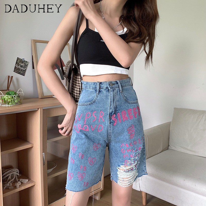 Quần Short Jean Rách Dáng Suông Ống Rộng Lưng Cao Tôn Dáng Thời Trang Xuân Hè Cho Nữ Dưới 100kg