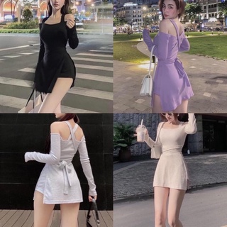 Set áo bẹt vai xẻ tà dài - quần thun