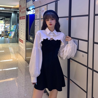 (S500) set ulzzang áo sơ mi tay bồng thiết kế và váy hai dây siêu xinh(kèm ảnh khách)