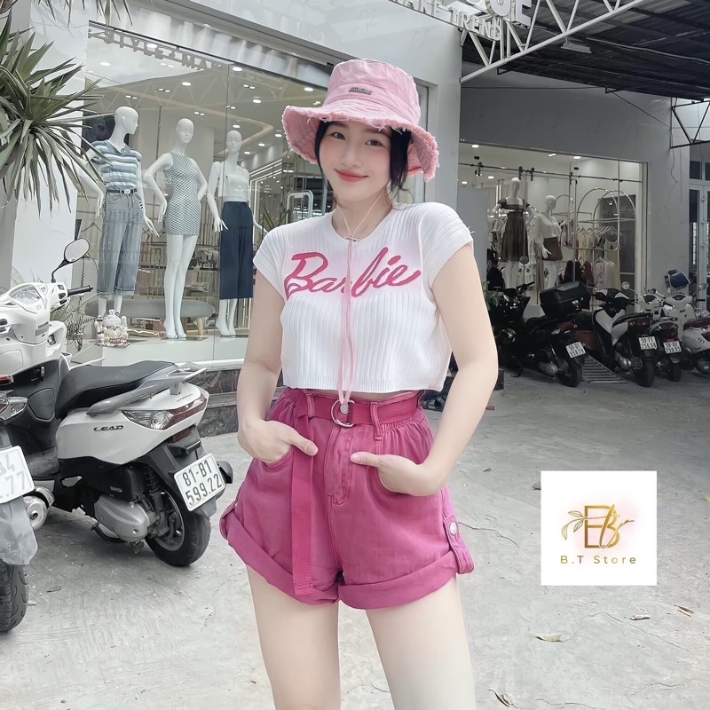 Quần sooc bò chun gập gấu kèm đai da cho nữ,,