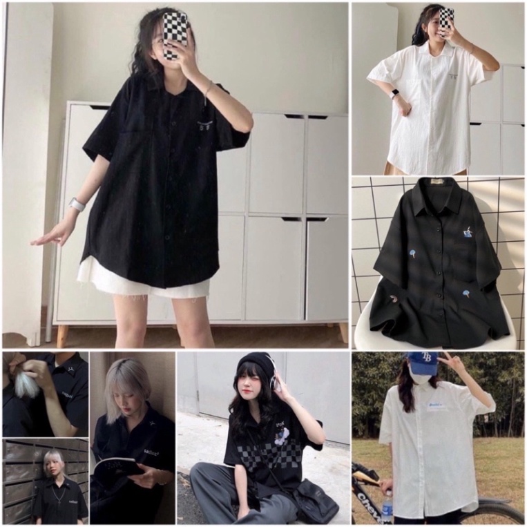Áo Sơ Mi Form Rộng Thêu Nổi BELE Và Hình Nam Nữ Ulzzang Unisex (Ảnh Thật/Có Sẵn)
