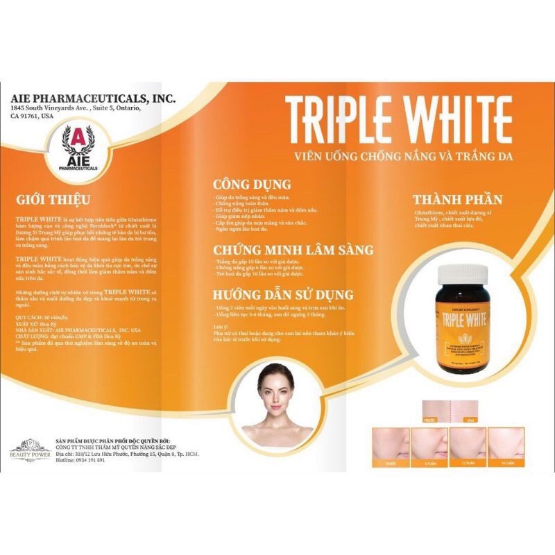 [CHÍNH HÃNG] TRIPLE WHITE Viên Uống Trắng Da, Chống Nắng, Giảm Thâm Nám, Chống Lão Hoá của Mỹ (Hộp 50 Viên) | Thế Giới Skin Care