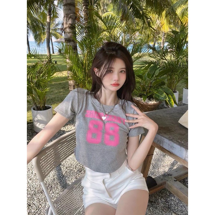 áo croptop tay ngắn chất thun gân in số 88 cute na