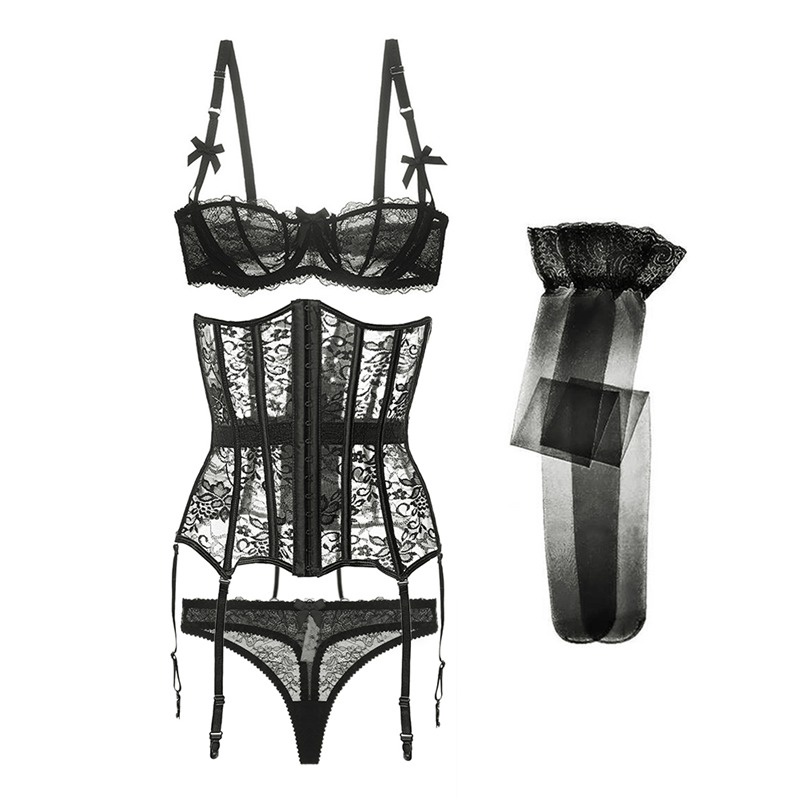 Set đồ lót ren VARSBABY quyến rũ cho nữ gồm áo ngực + quần lót + nịt ngực corset + vớ ren màu đen