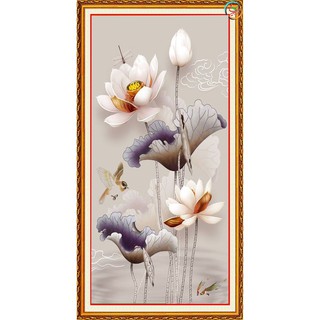 Tranh hoa sen 3d dán tường (có keo kèm theo)-size60x100-(vải lụa kim sa-có in theo yêu cầu)