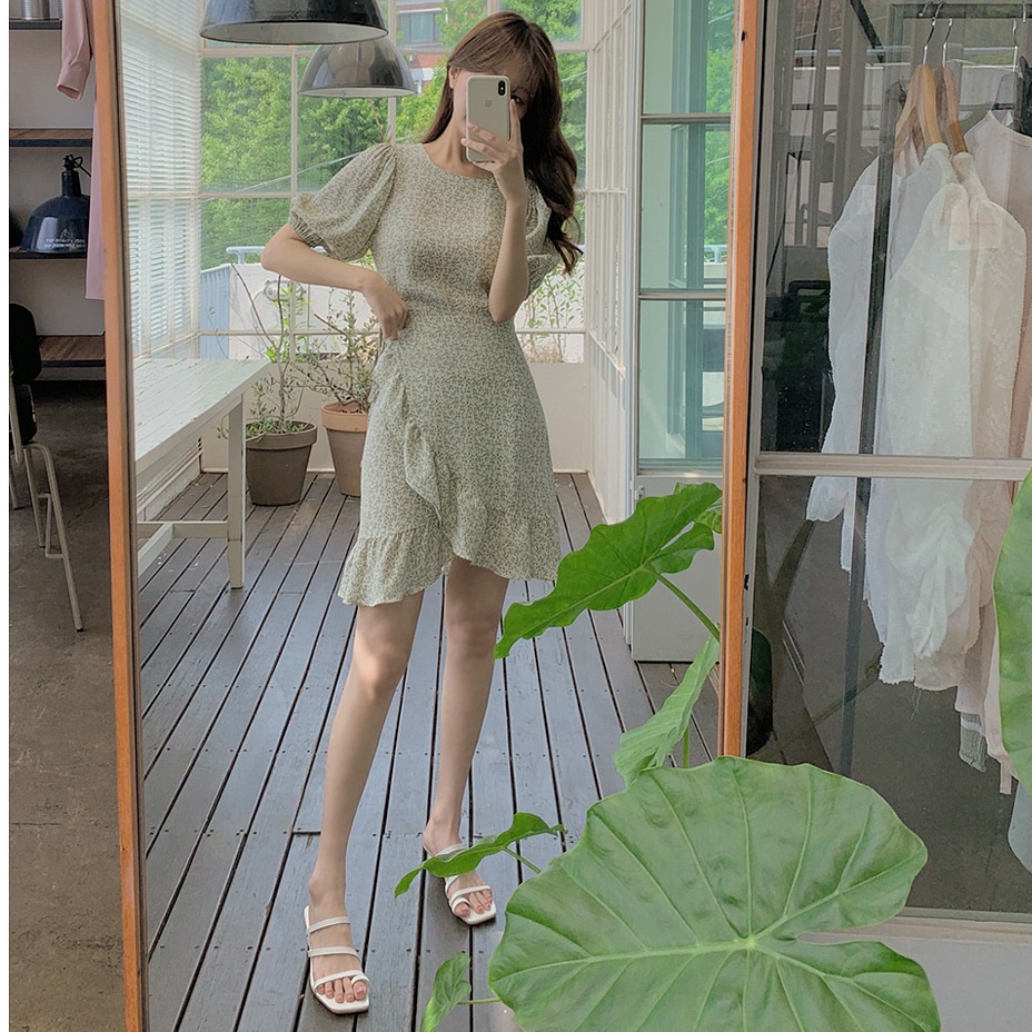 SUXI Đầm Tay Ngắn Cổ Tròn Hoạ Tiết Hoa Phong Cách Hàn Quốc