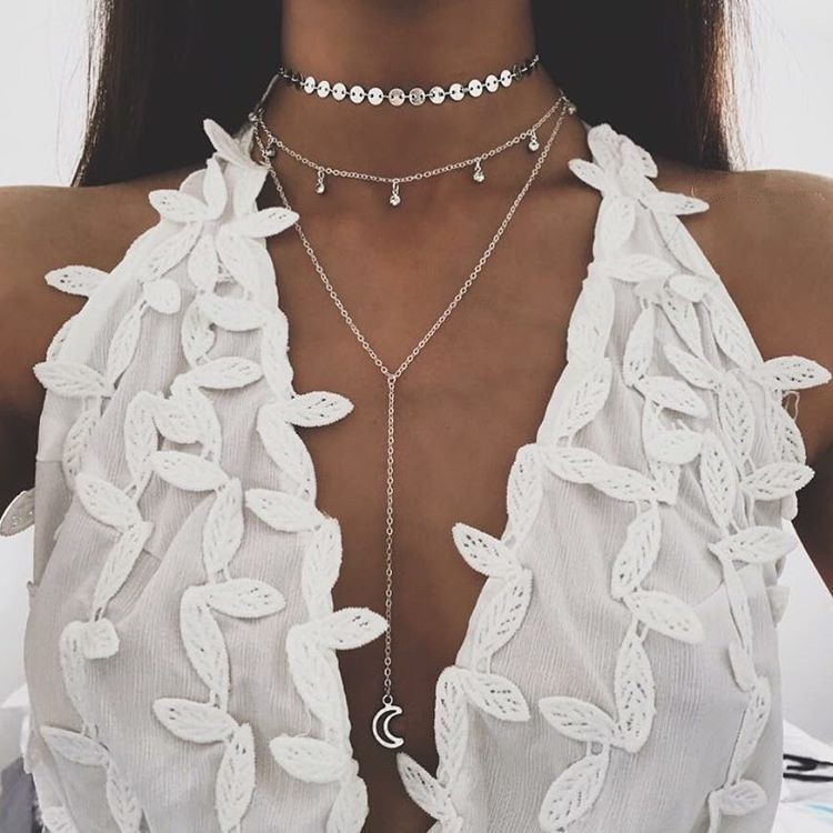 Vòng cổ choker chuỗi dài nhiều lớp bằng bạc đính đá pha lê hình mặt trăng lưỡi liềm cổ điển cho nữ