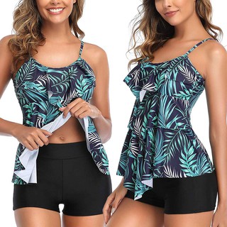 Women 2 Piece Flounce Printed Top With Boyshorts Tankini Swimwear Bikini Set