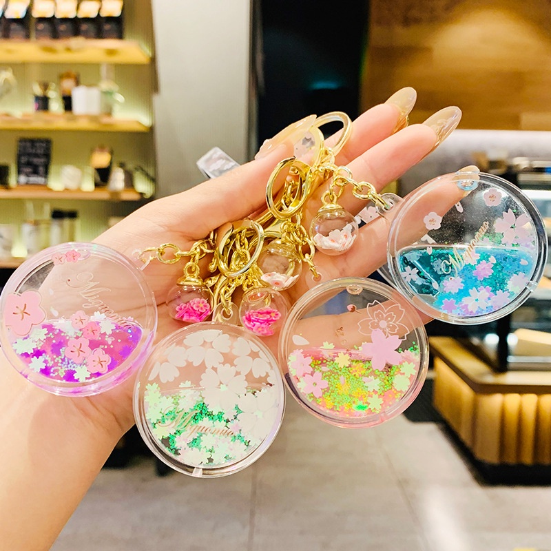 Móc khóa trang trí hình chai hoa anh đào đáng yêu