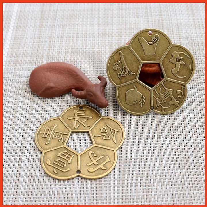 [Size Lớn: 5,6cm] Combo 10 đồng tiền hoa mai may mắn, phát lộc chất liệu đồng thau nguyên chất 100%