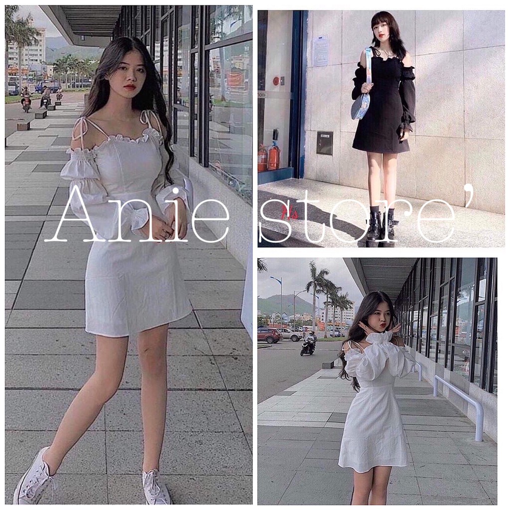 Đầm Nữ Trễ Vai Buộc Dây Tay Phồng 🦋 Váy Nữ Chất Đũi Cột Dây Ngực Bèo 2 Màu 🦋 | BigBuy360 - bigbuy360.vn