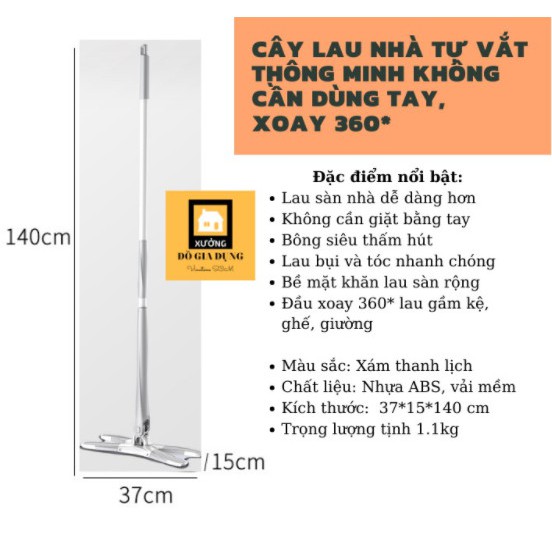 Cây lau sàn nhà thông minh [LOẠI 1] đầu xoay 360* tiện ích có bông lau sợi microfiber mềm mịn thấm hút, vắt khô dễ dàng