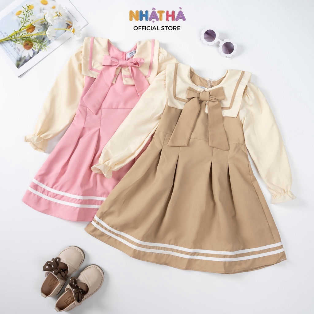 Váy bé gái thu đông NHẬT HÀ cổ thủy thủ kèm nơ xinh xắn dáng tay dài size đại từ 11-45kg