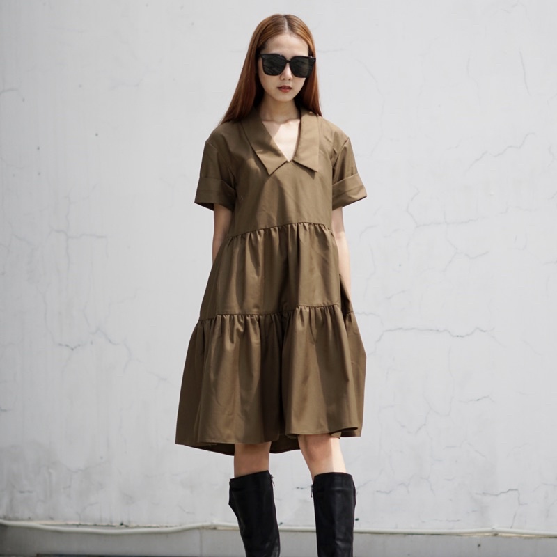 Váy suông cộc tay có đai freesize chất liệu kaki cao cấp -Sani dress Caffeine Studio