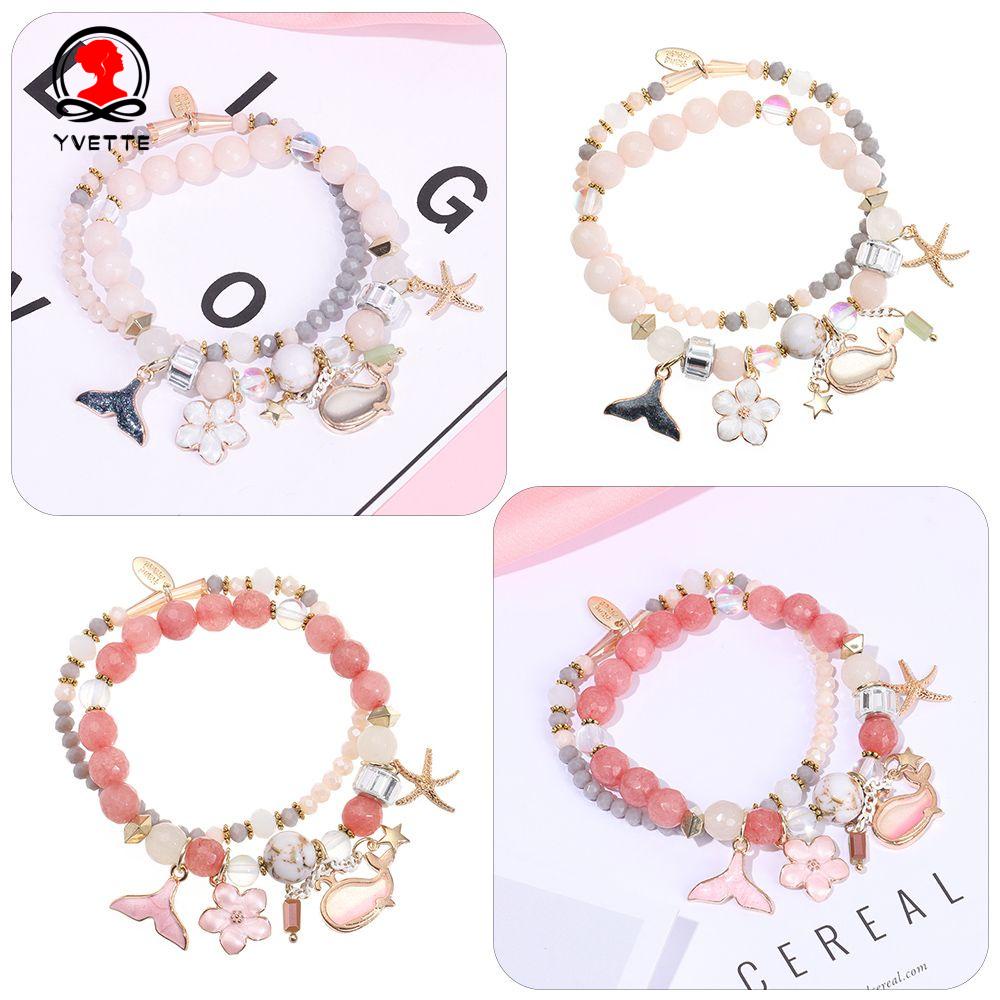 YVETTE Fashion Elastic Rope Bracelets Exquisite Bangles Whale Tail Double Layer Bracelets Gift Accessories Sweet Starfish Retro Women Girl Flower/Multicolor