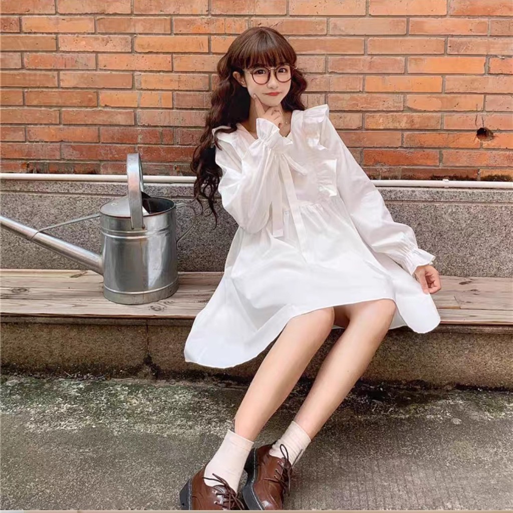 LOLI DRESS - VÁY BABYDOLL BÈO DÀI TAY TIỂU THƯ THƯ VIỀN DÂY NƠ MẶC 2 KIỂU TRƯỚC SAU - VÁY ĐẦM NỮ PHỐI BÈO BO GẤU TRẮNG Đ | BigBuy360 - bigbuy360.vn