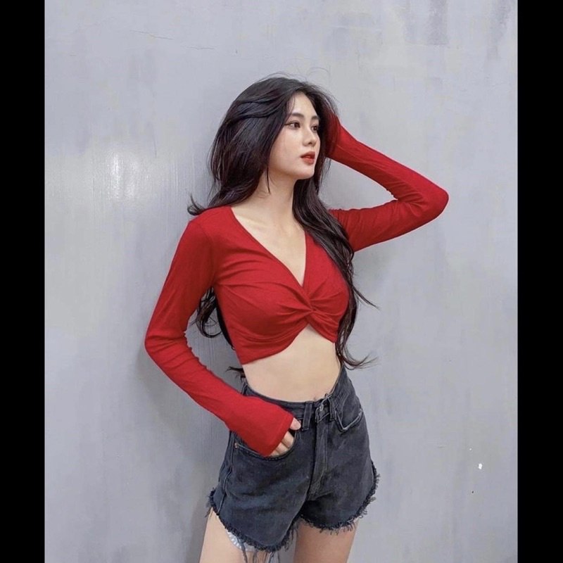 Áo Croptop Cổ V Tay Dài Xoắn Ngực Cổ V Chất Gân Co Giãn Gợi Cảm