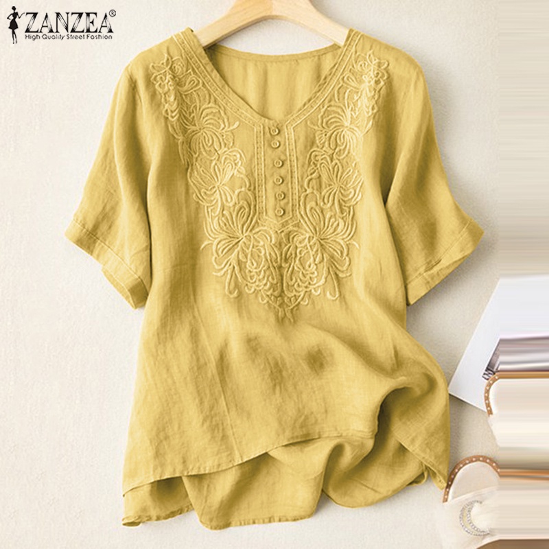 Áo kiểu Zanzea tay ngắn thêu hoa phong cách vintage cho nữ