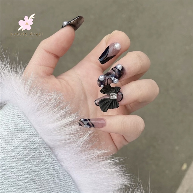 Set 24 móng tay giả Bộ móng giả màu đính nơ dùng làm móng tay nghệ thuật có thể tháo rời/ móng giả đính nơ/Hồng/ đen/màu sắc/sự đổi màu