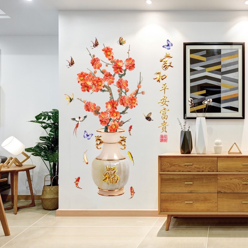 [Size lớn] Tranh dán tường, Decal dán tường bình hoa đào.