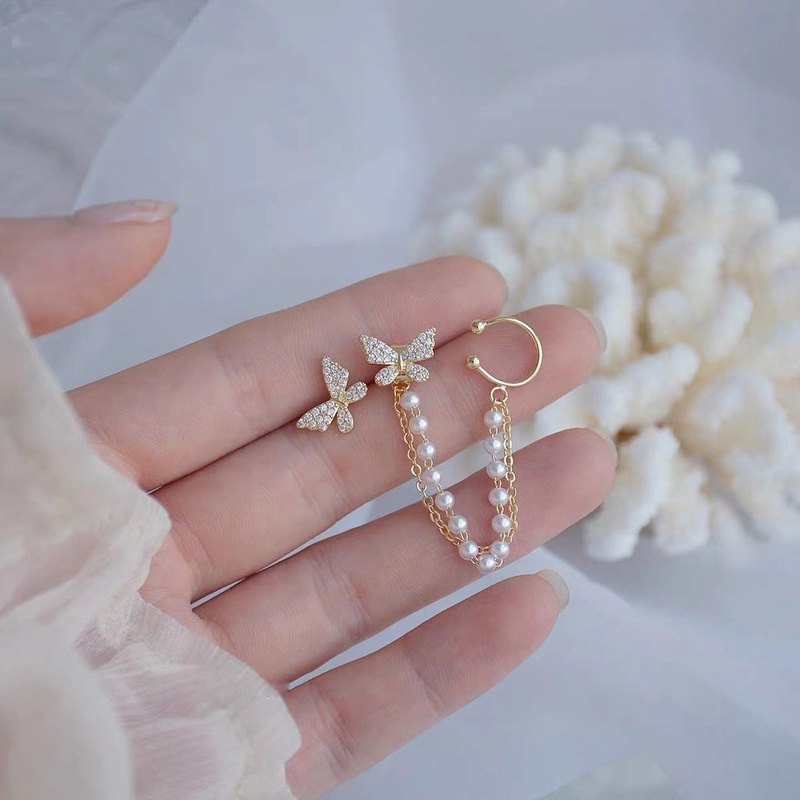 MANYUE Khuyên kẹp vành tai hình bướm đính ngọc trai phong cách thời trang Hàn Quốc