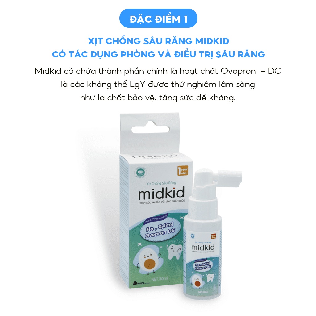 Xịt chống sâu răng Midkid cho bé giúp bảo vệ men răng, ngăn ngừa ố vàng, hà mủn, viêm lợi, phù hợp cho trẻ em từ 1 tuổi