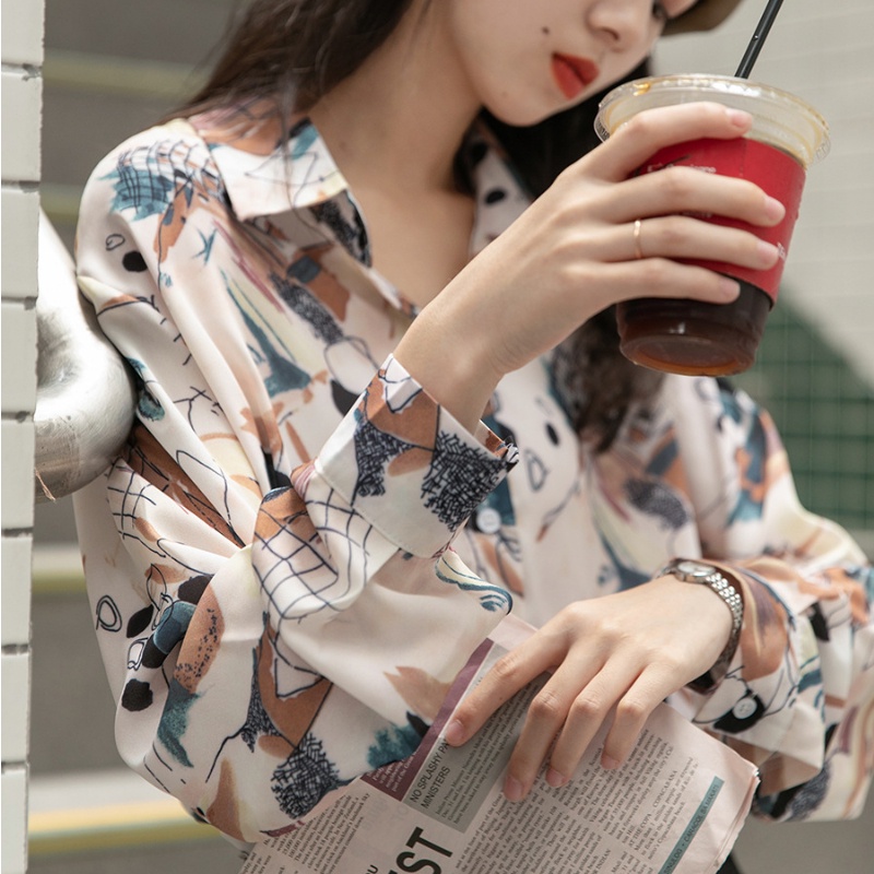 Linki ✧ Áo Sơ Mi Tay Dài Dáng Rộng Cổ Bẻ In Họa Tiết Thời Trang Cho Nữ