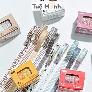 Bộ 5 washi tape băng dính dán 2m họa tiết basic trang trí đa năng WA01