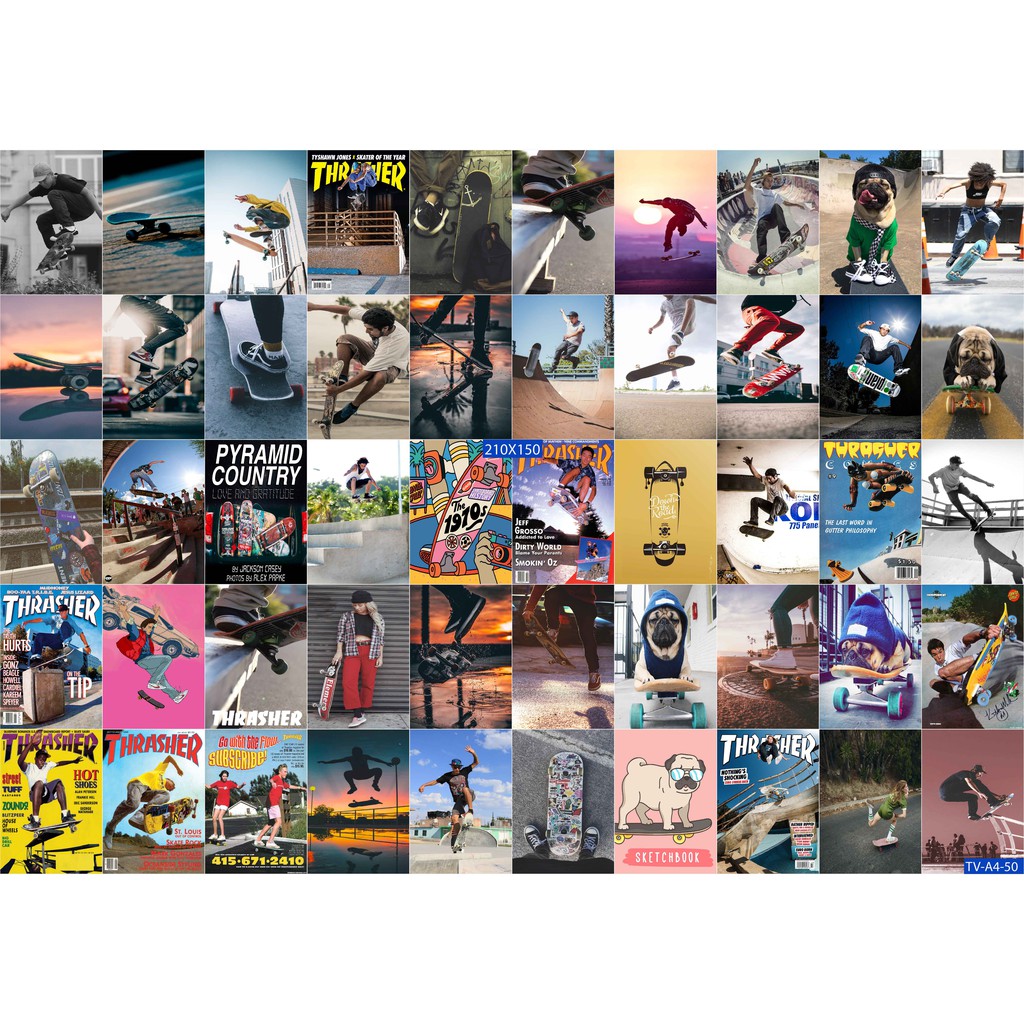 Combo 50 tờ Decal dán tường trang trí khổ A4,A5 - Trượt ván