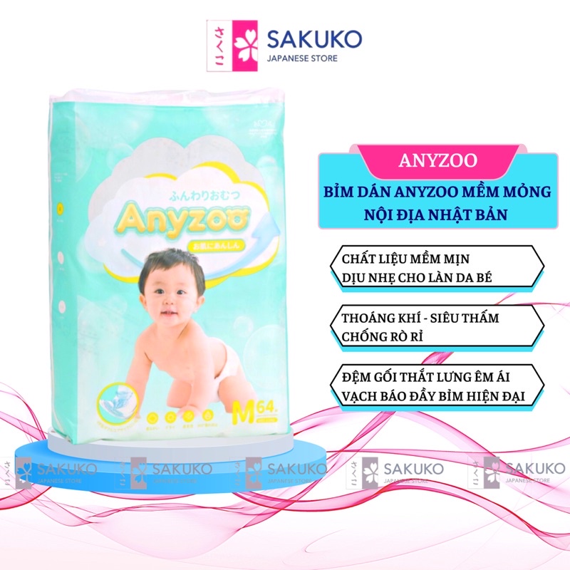 Bỉm Tã Dán ANYZOO Mềm Mịn, Thấm Hút Tốt Đủ Size NB90/S82/M64 Nội Địa Nhật Bản - SAKUKO