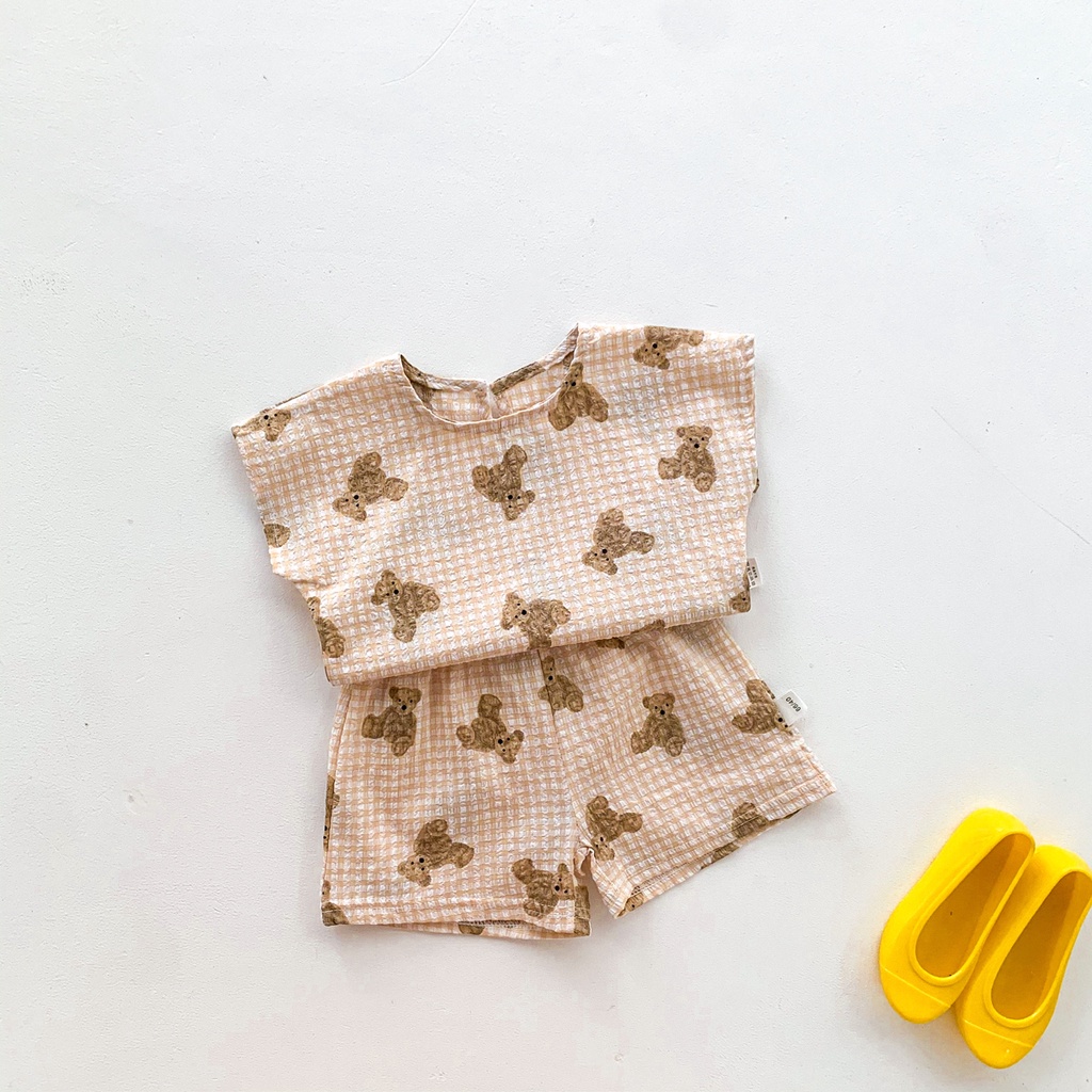 Set áo thun tay ngắn và quần short in hình gấu cho bé trai và bé gái sơ sinh
