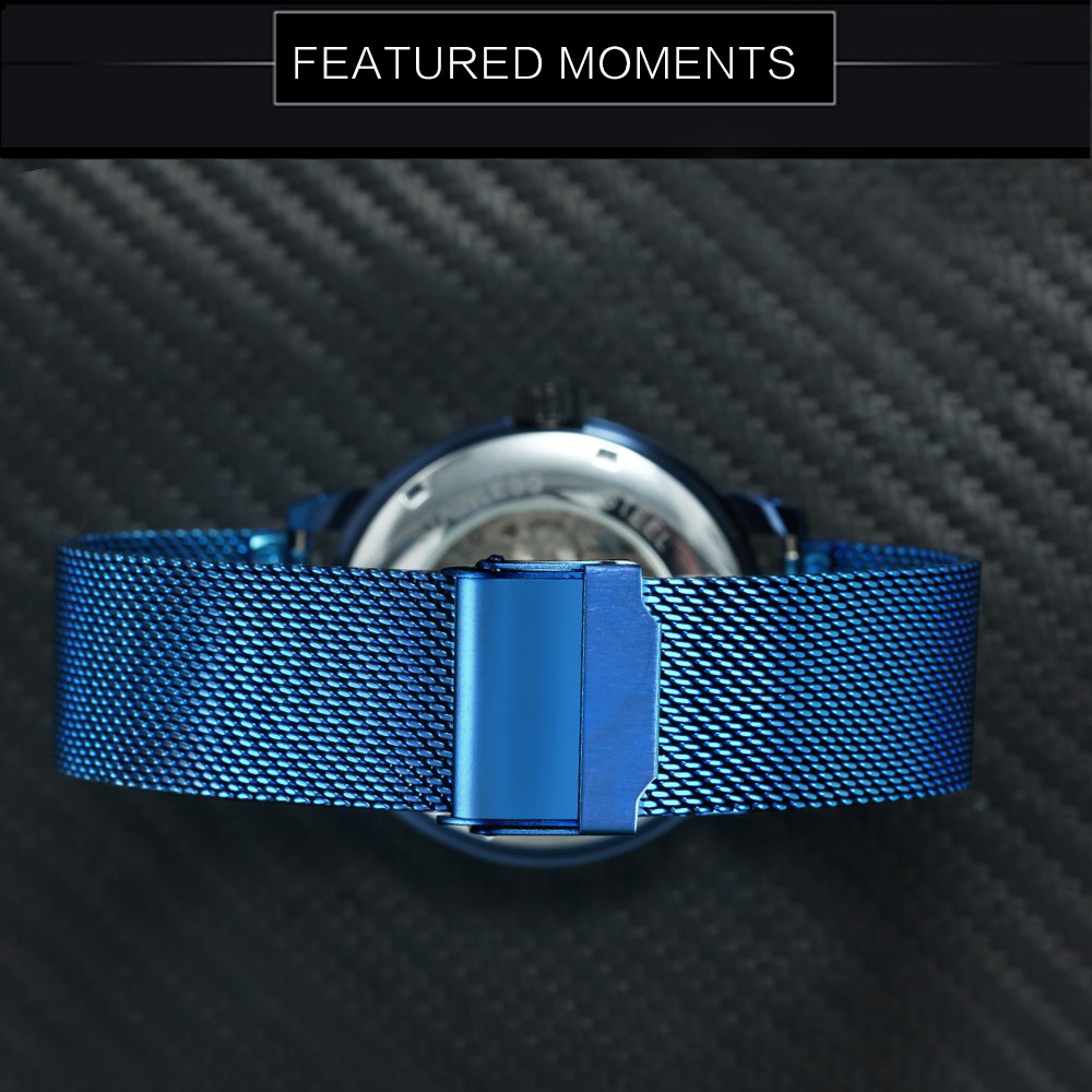 Đồng hồ cơ nam dây lưới siêu mỏng màu xanh