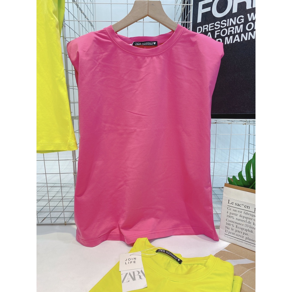 Áo thun nữ độn vai 2 màu hồng và xanh neon hot trend chất cotton 100% siêu mịn mát