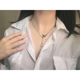 Vòng cổ bướm phối hạt ngọc thép không gỉ cá tính