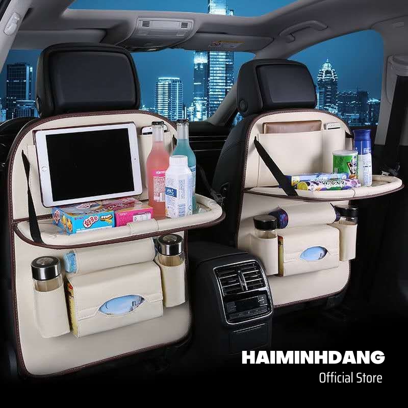 Túi da treo ghế sau ô tô có bàn cao cấp, túi để đồ đa năng, đựng đồ trên ô tô kiêm giá đỡ chất liệu da pu bền