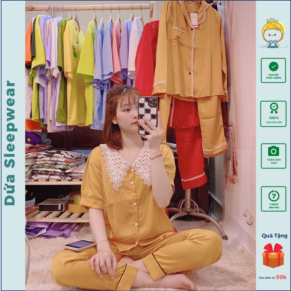 Đồ bộ pyjama nữ mặc nhà lụa tằm phối ren cao cấp, bộ ngủ lụa nhẹ nhàng mềm mại, không nhăn chuẩn size M L XL (40-63kg)