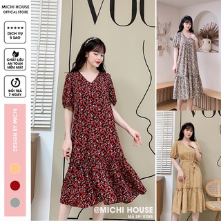 Váy suông hoa nhí đầm nữ dáng suông đuôi cá cổ V, đầm bầu váy bầu thiết kế cổ tim rộng freesize, mã V285 - Michi House