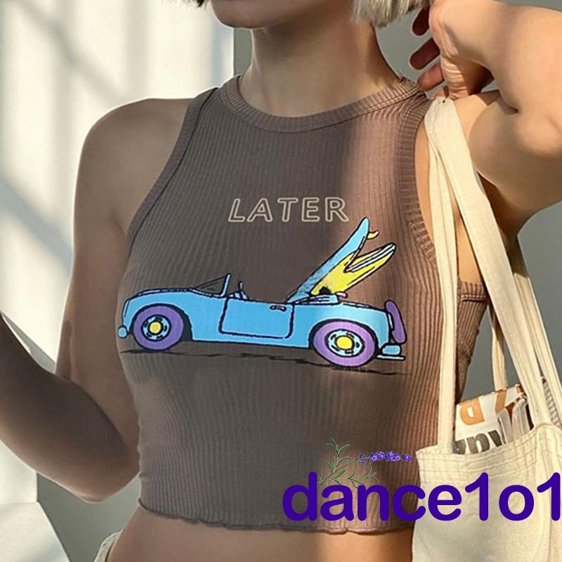 ❀PZ♔Women Cartoon Car Letter Printed Slim Fit Sleeveless Ribbed Vest