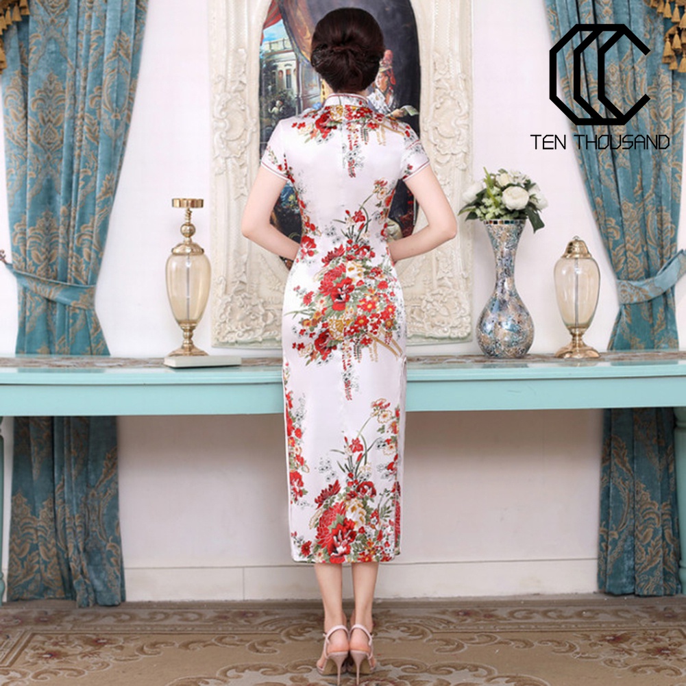 ♋Đầm Sườn Xám Cách Tân Cổ Đứng Xẻ Tà Họa Tiết Hoa Phong Cách Trung Quốc