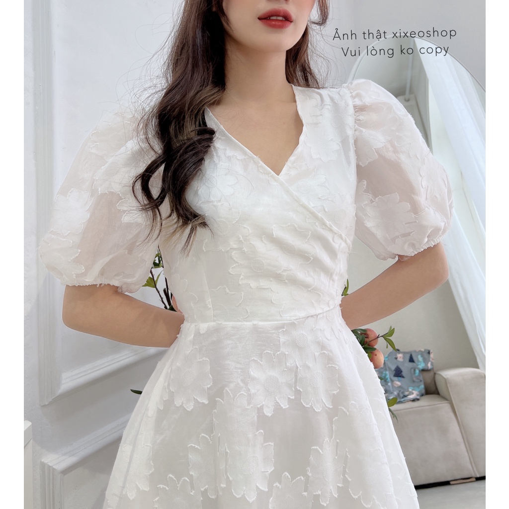 Váy trắng đầm ren hoa thắt nơ lưng Hàn Quốc xixeoshop - v86 | BigBuy360 - bigbuy360.vn