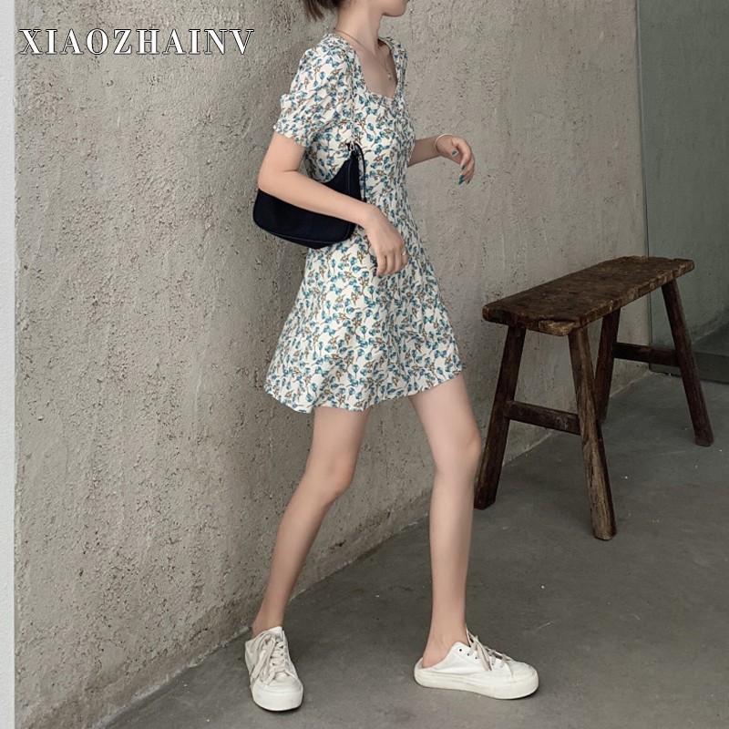 Xiaozhainv Đầm Tay Ngắn Cổ Vuông Họa Tiết Hoa/Màu Trơn Xinh Xắn Thời Trang Phong Cách Cổ Điển | BigBuy360 - bigbuy360.vn